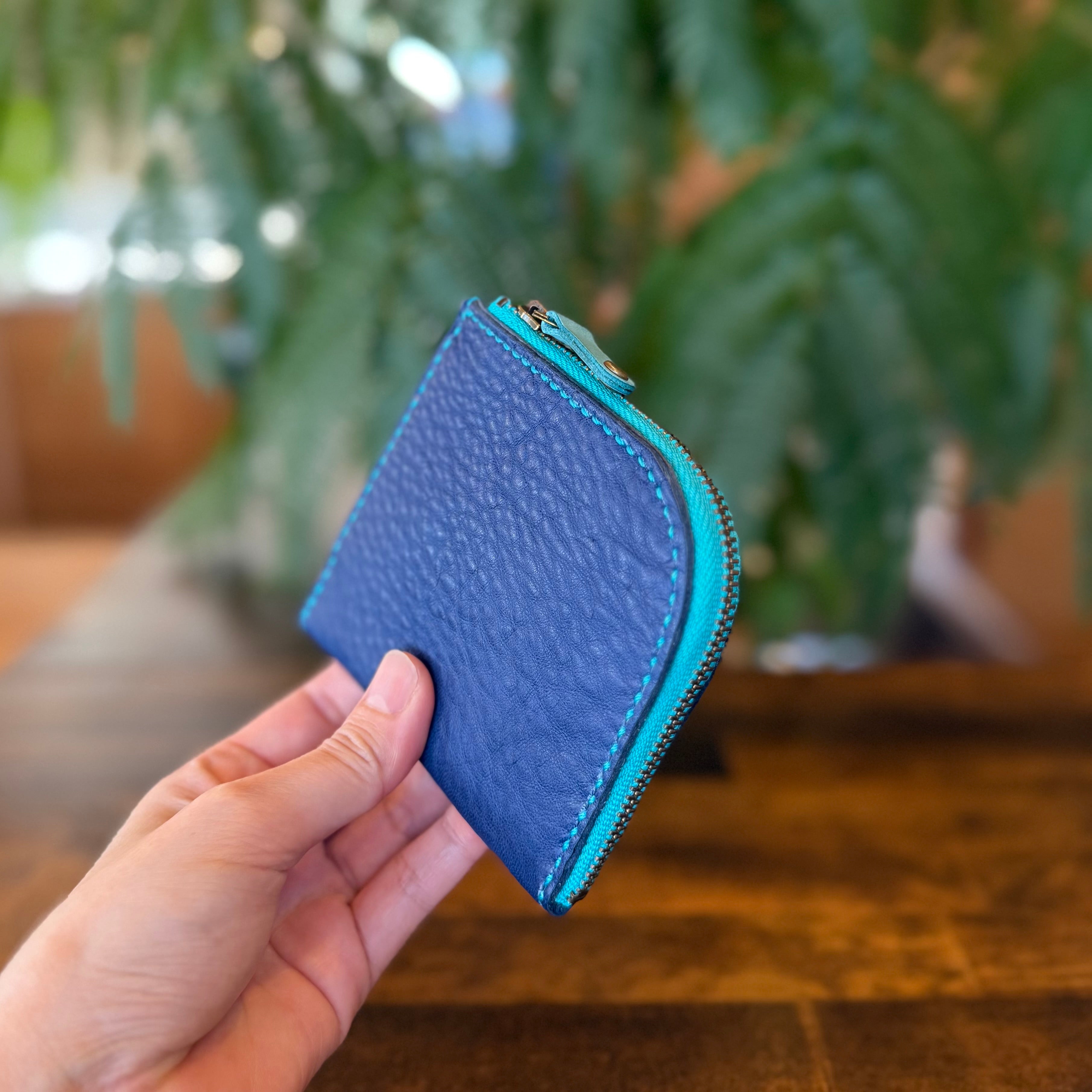 【蝦夷鹿革】島財布(ブルー×ターコイズ)
