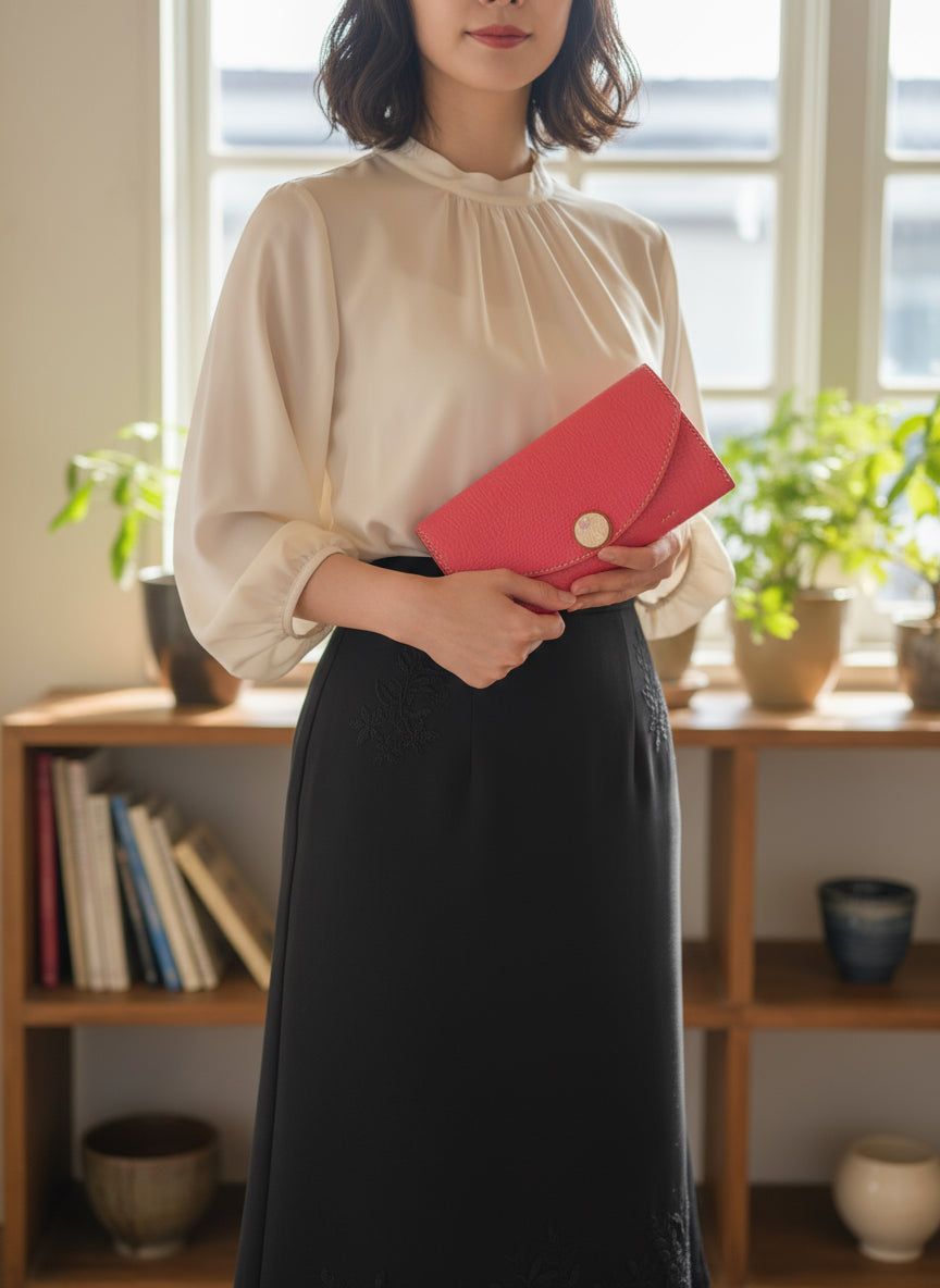 【屋久鹿革】ヤクシカと三日月のロングウォレット(桜)