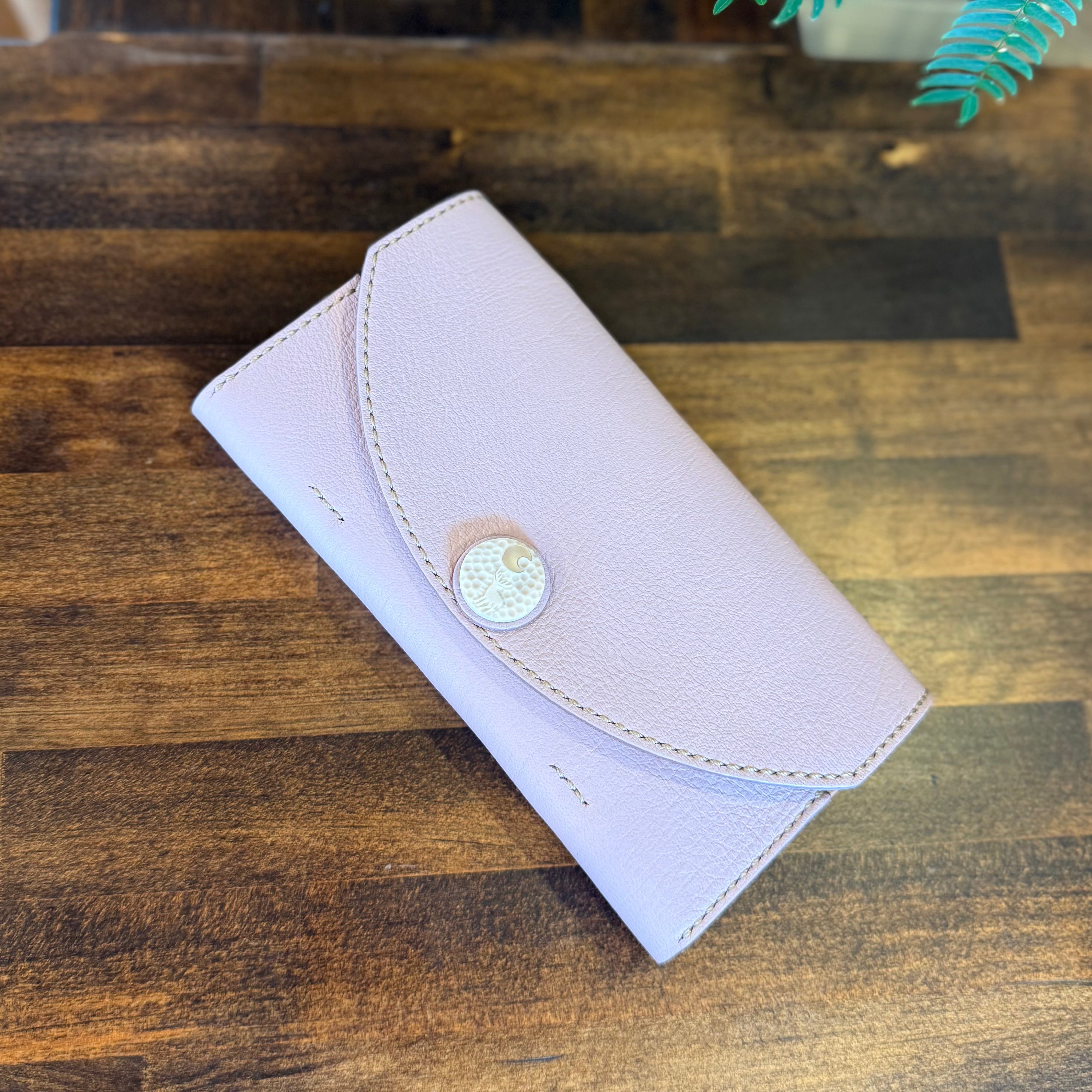 Yakushima Deer Leather Long Wallet – Sika & Crescent Moon (Dusty Pink)