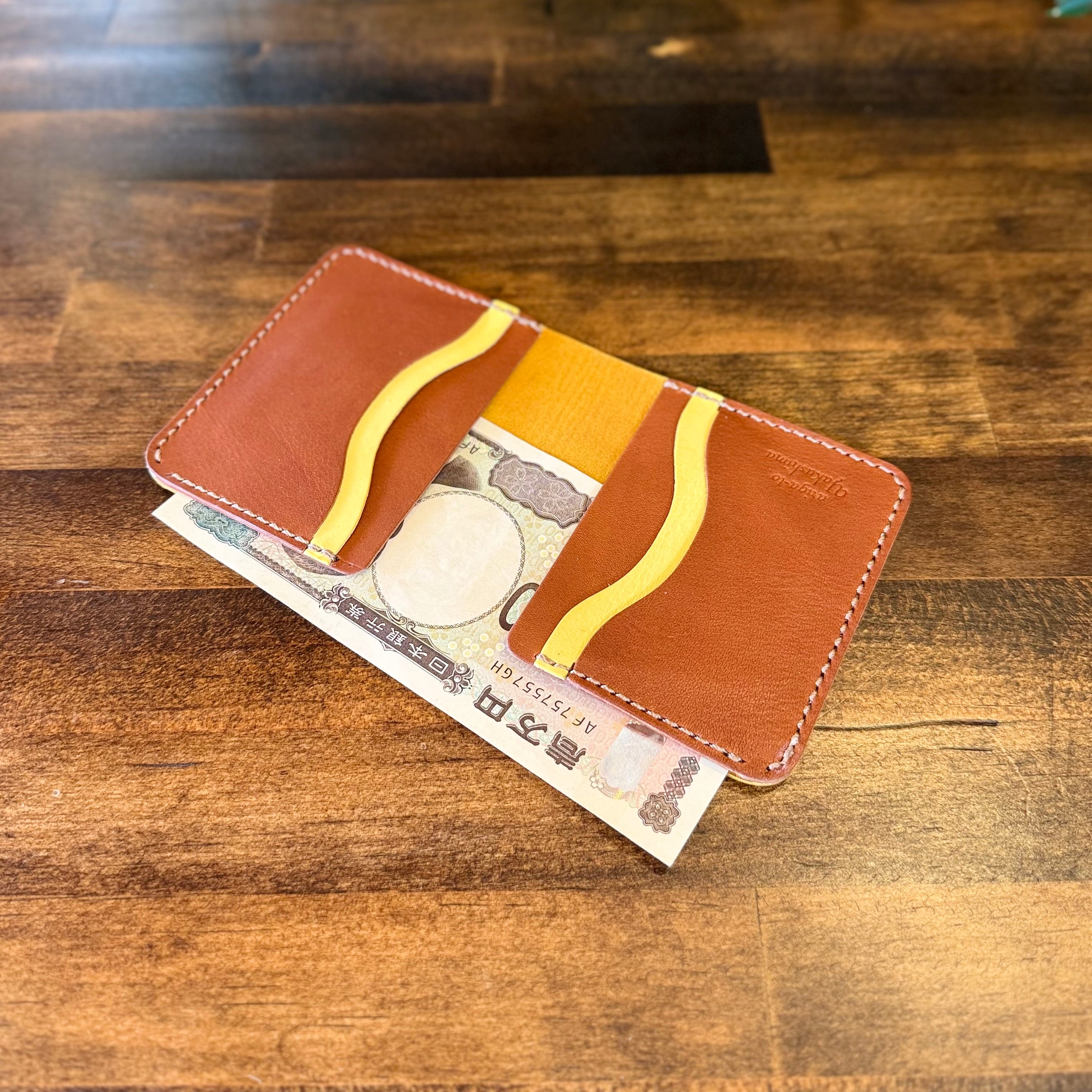 【屋久鹿革】家計管理Wallet/マスタード×ブラウン/カードポケット4枚コインケース無し