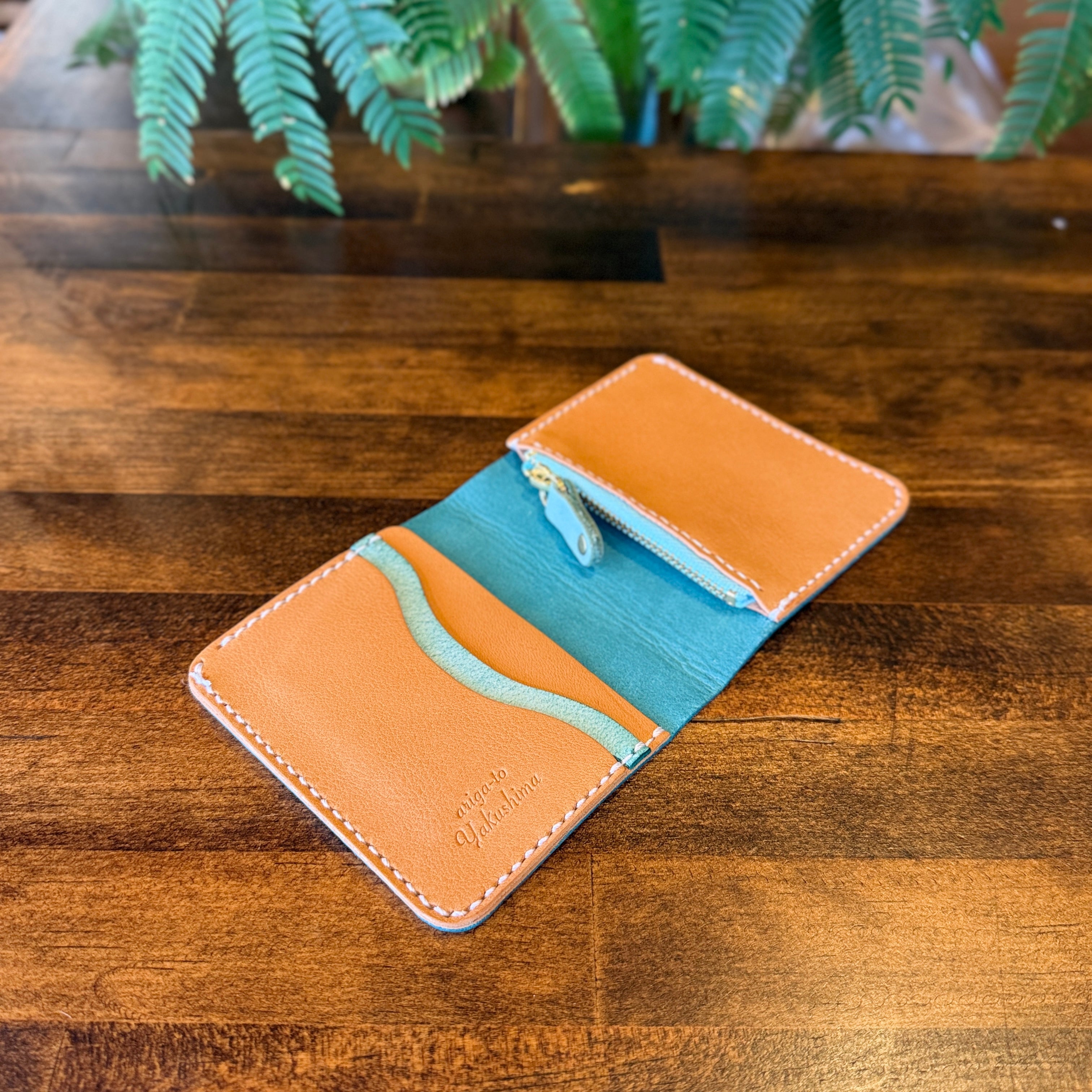 【屋久鹿革】家計管理Wallet/ターコイズ×ライトキャメル
