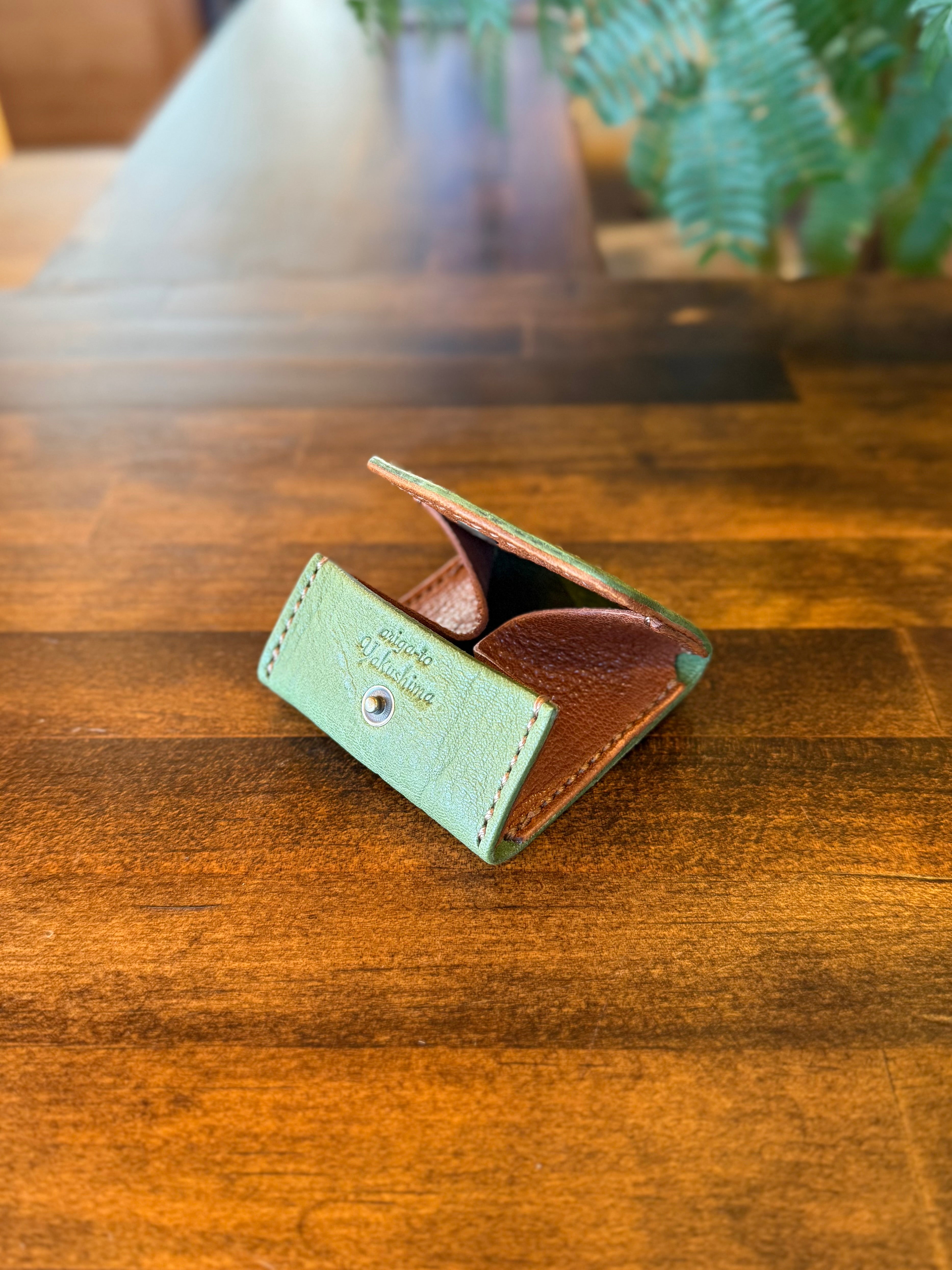 【屋久鹿革×京鹿革】BOX型コインケース(苔色×ブラウン)