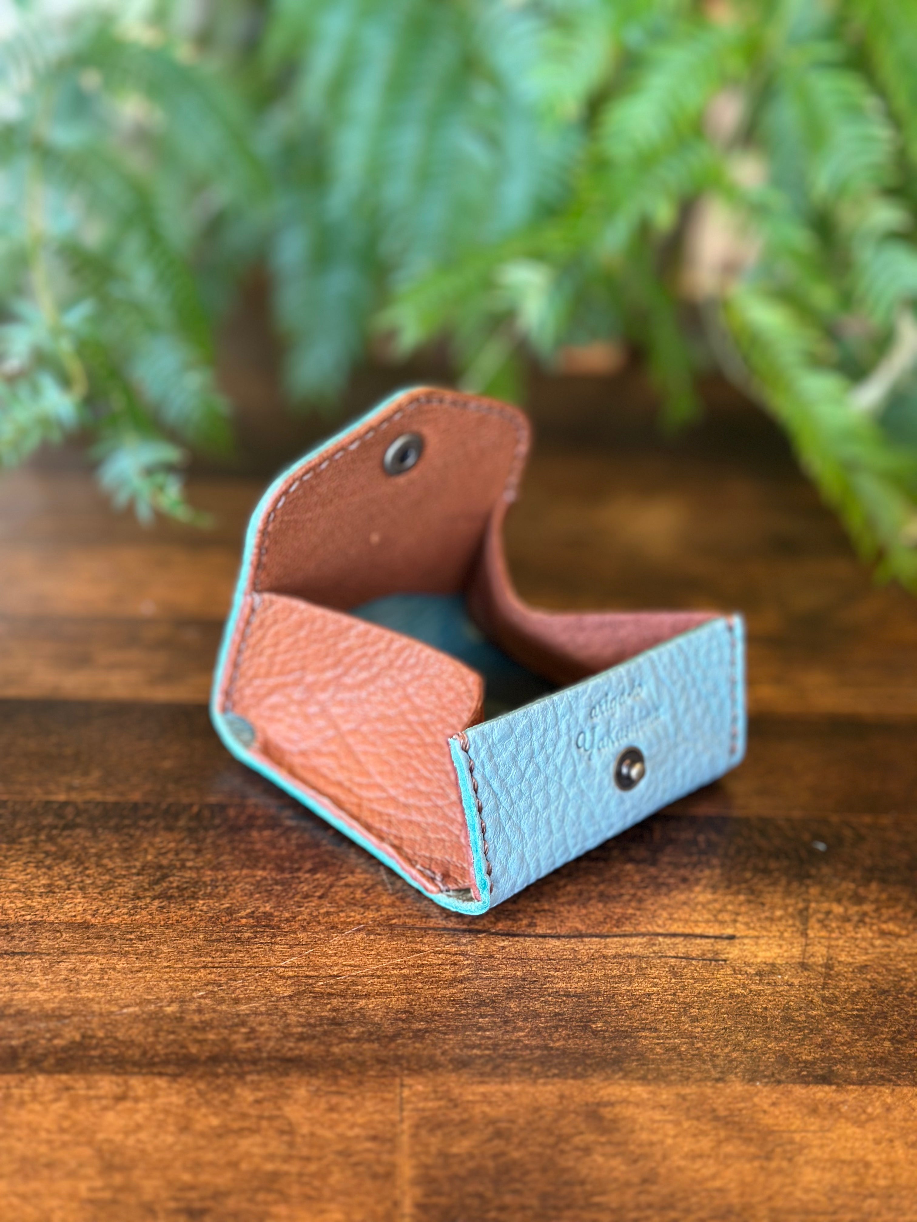 【屋久鹿革×京鹿革】BOX型コインケース(ターコイズ×ブラウン)