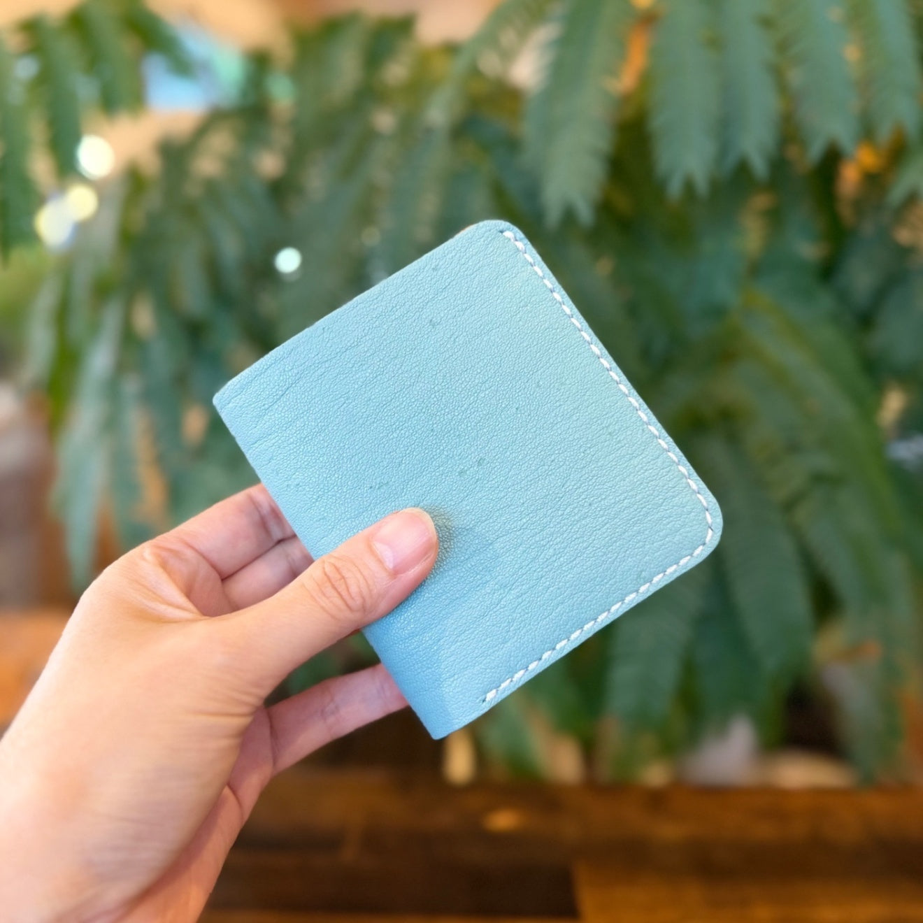 【屋久鹿革】家計管理Wallet/ターコイズ×ライトキャメル/カード2枚×コインケース/オス鹿首周り