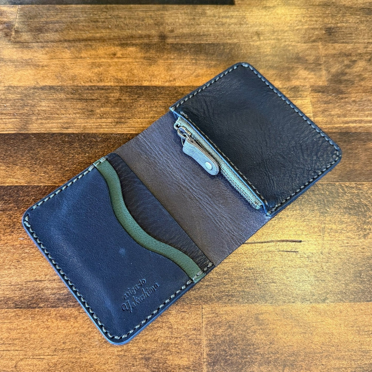 【屋久鹿革】家計管理Wallet/チャコール×ブラック×ダークグリーン