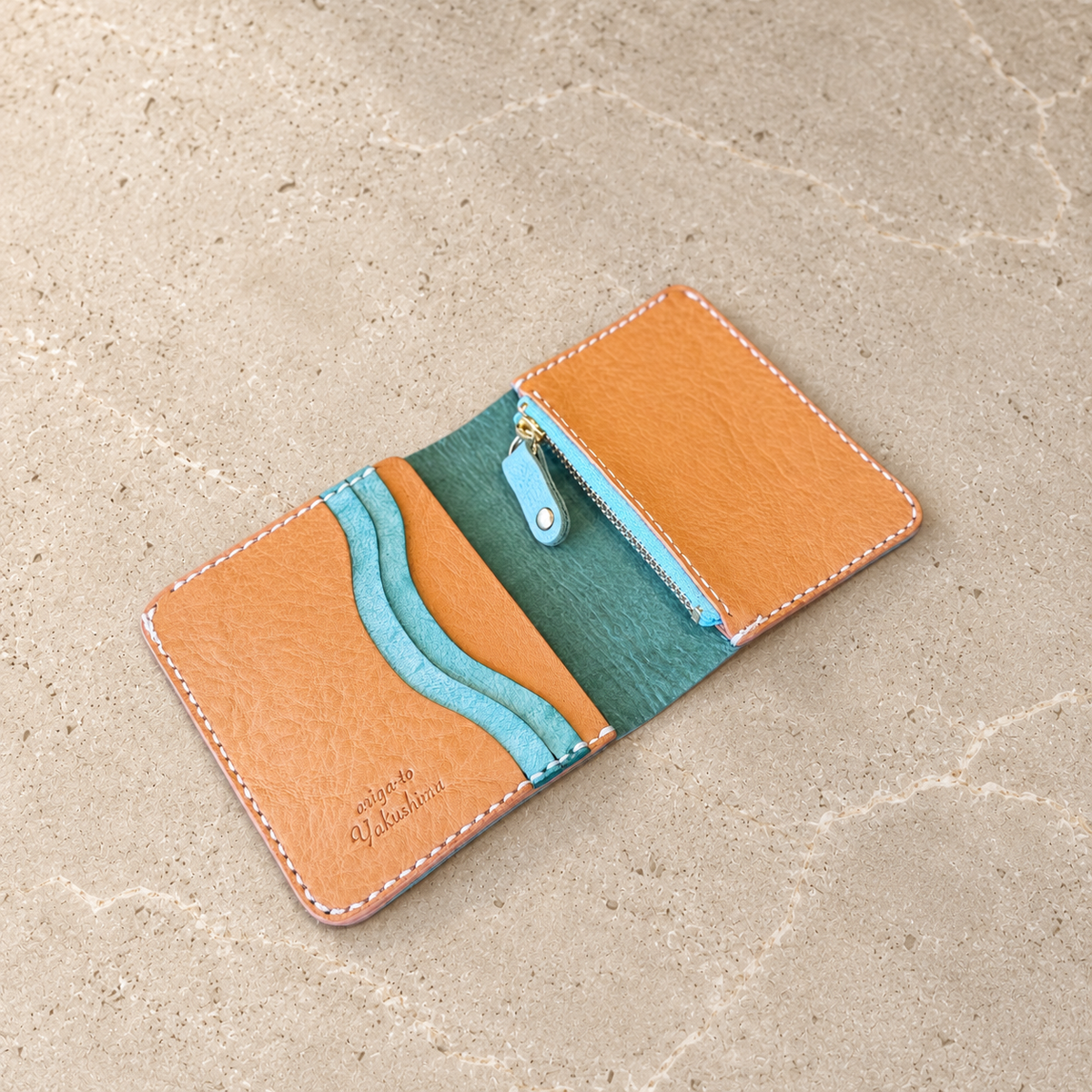 【屋久鹿革】家計管理Wallet/ターコイズ×ライトキャメル