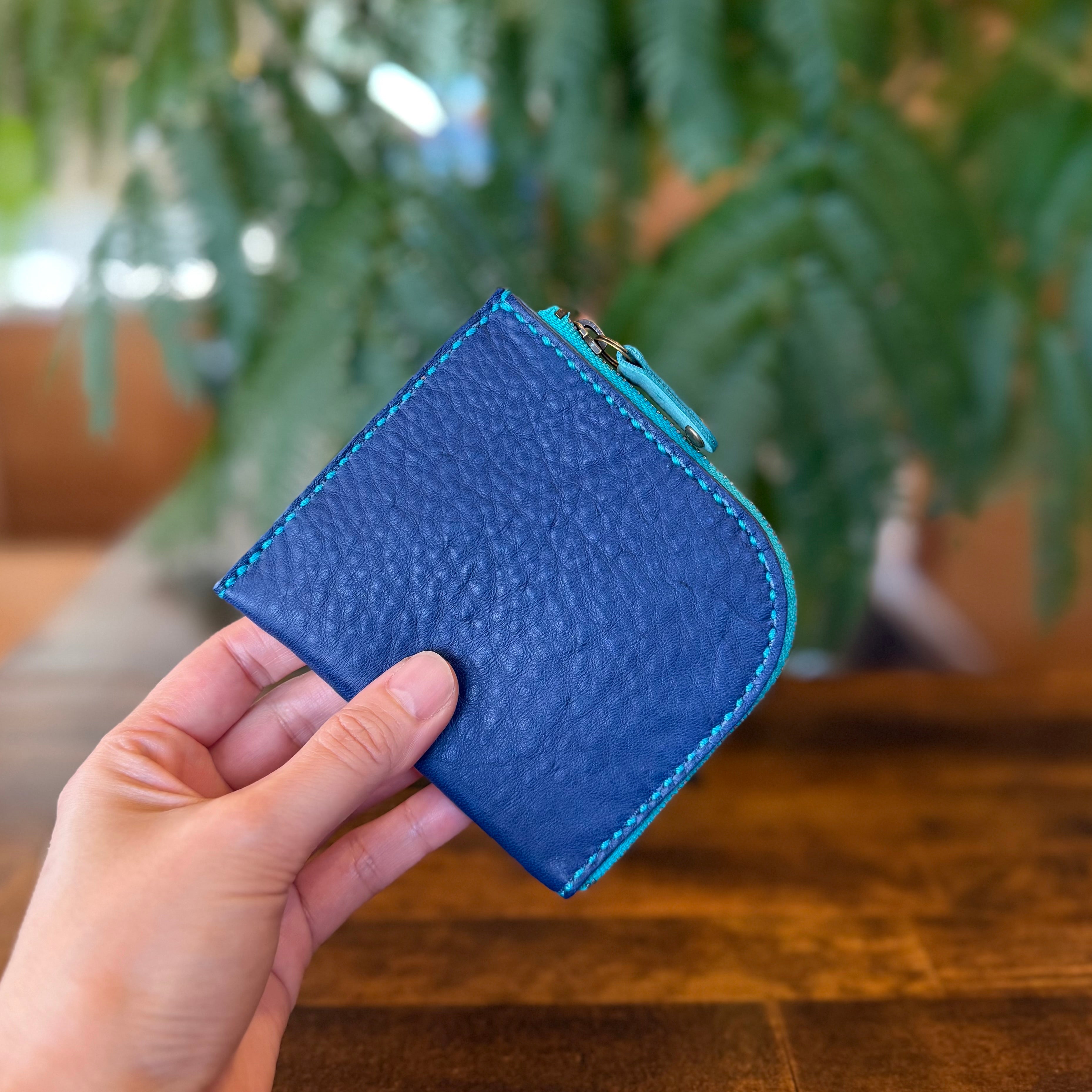 【蝦夷鹿革】島財布(ブルー×ターコイズ)