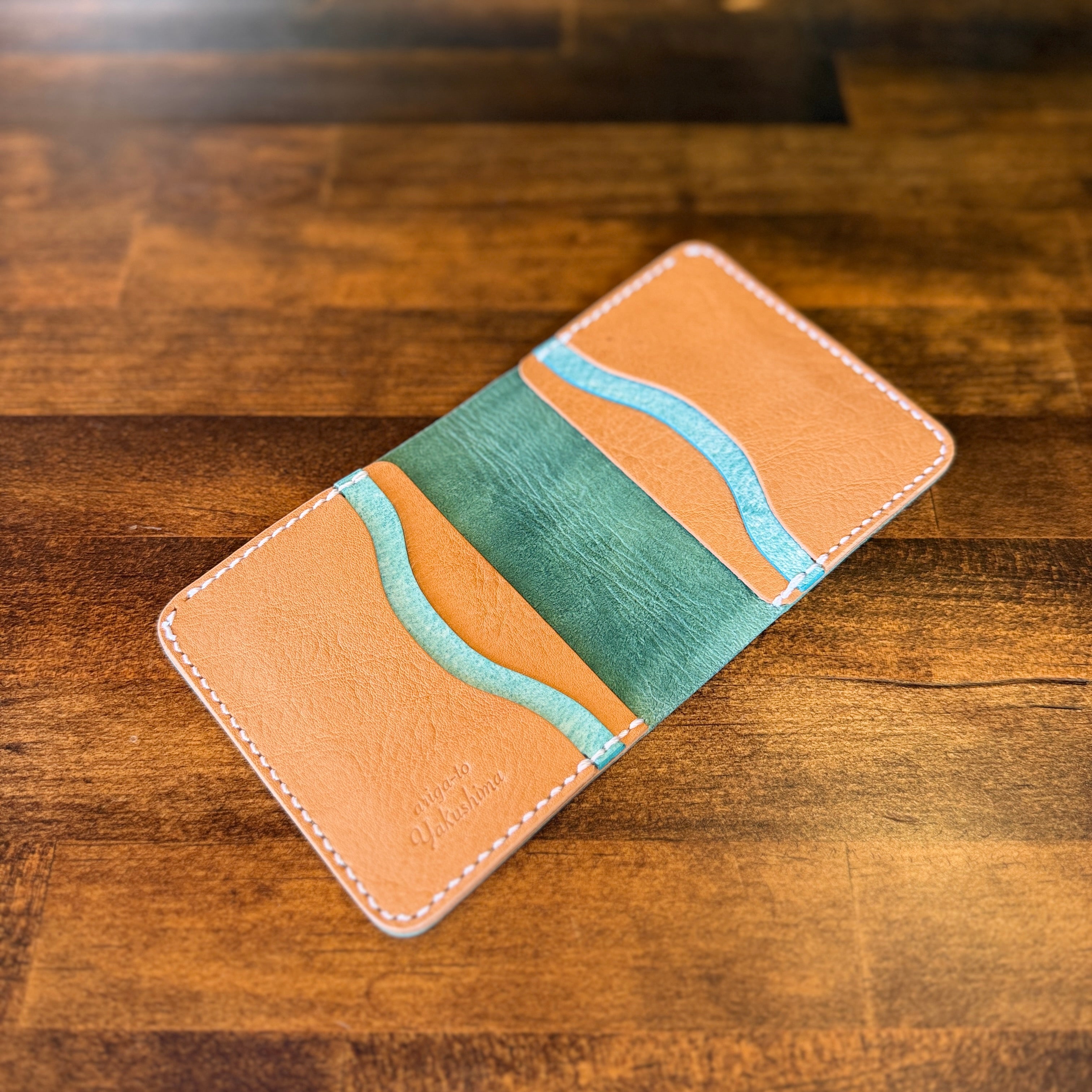 【屋久鹿革】家計管理Wallet／ターコイズ×ライトキャメル
