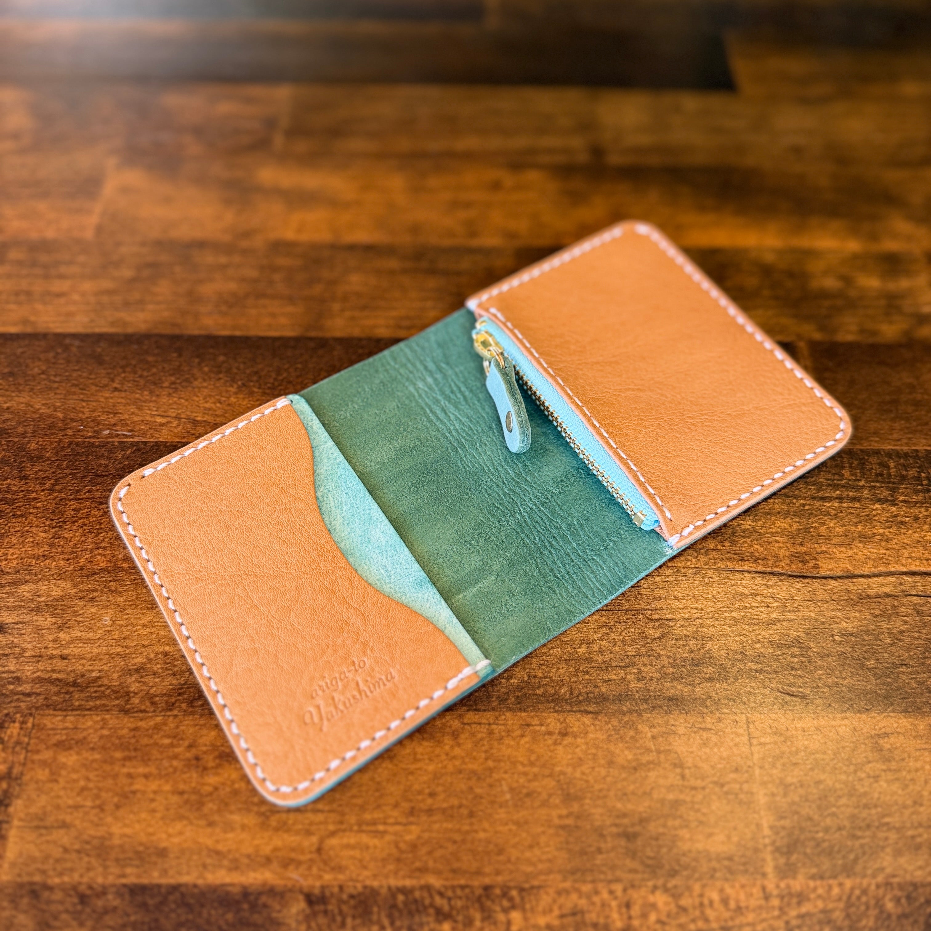 【屋久鹿革】家計管理Wallet／ターコイズ×ライトキャメル