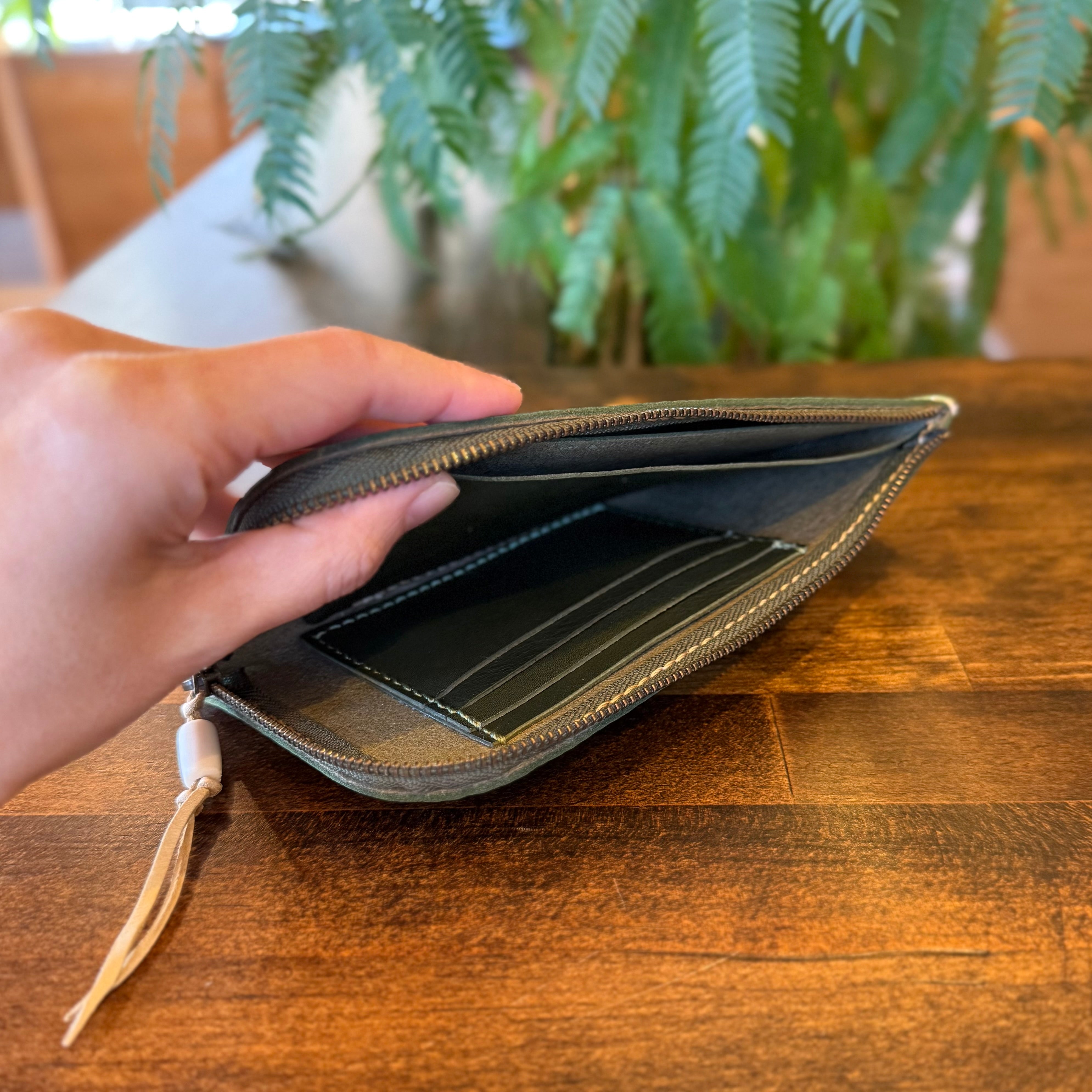 【屋久鹿革】島財布セミロング（苔色）