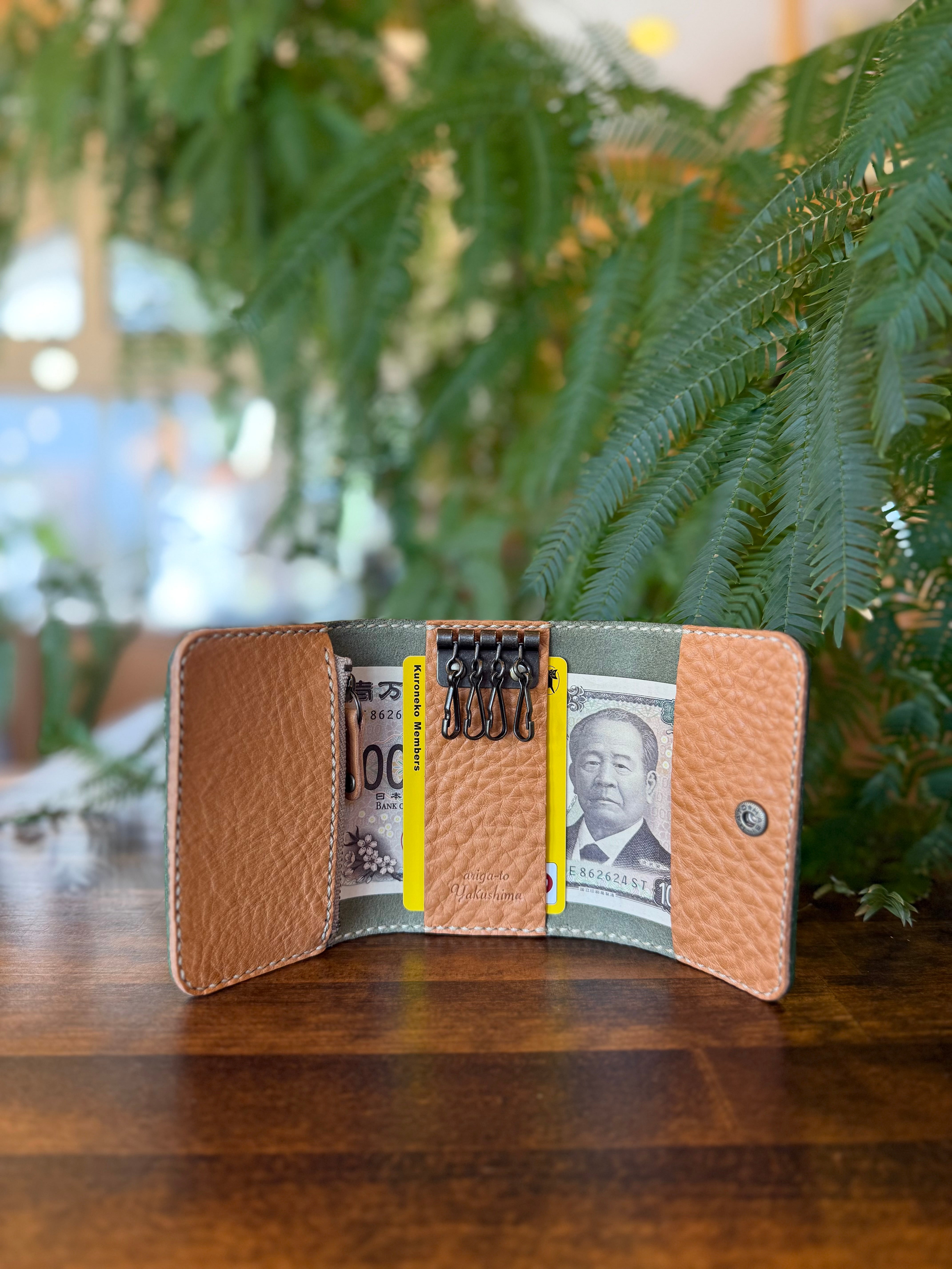 【屋久鹿革】おさいふキーケース(苔×ライトキャメル)