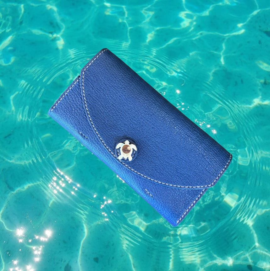 【蝦夷鹿革】ウミガメのロングウォレット(ブルー)【受注生産】