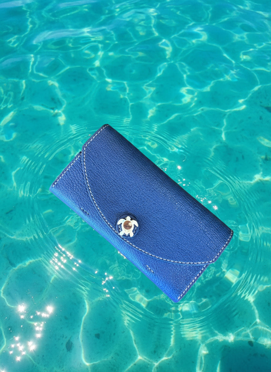 【蝦夷鹿革】ウミガメのロングウォレット(ブルー)【受注生産】