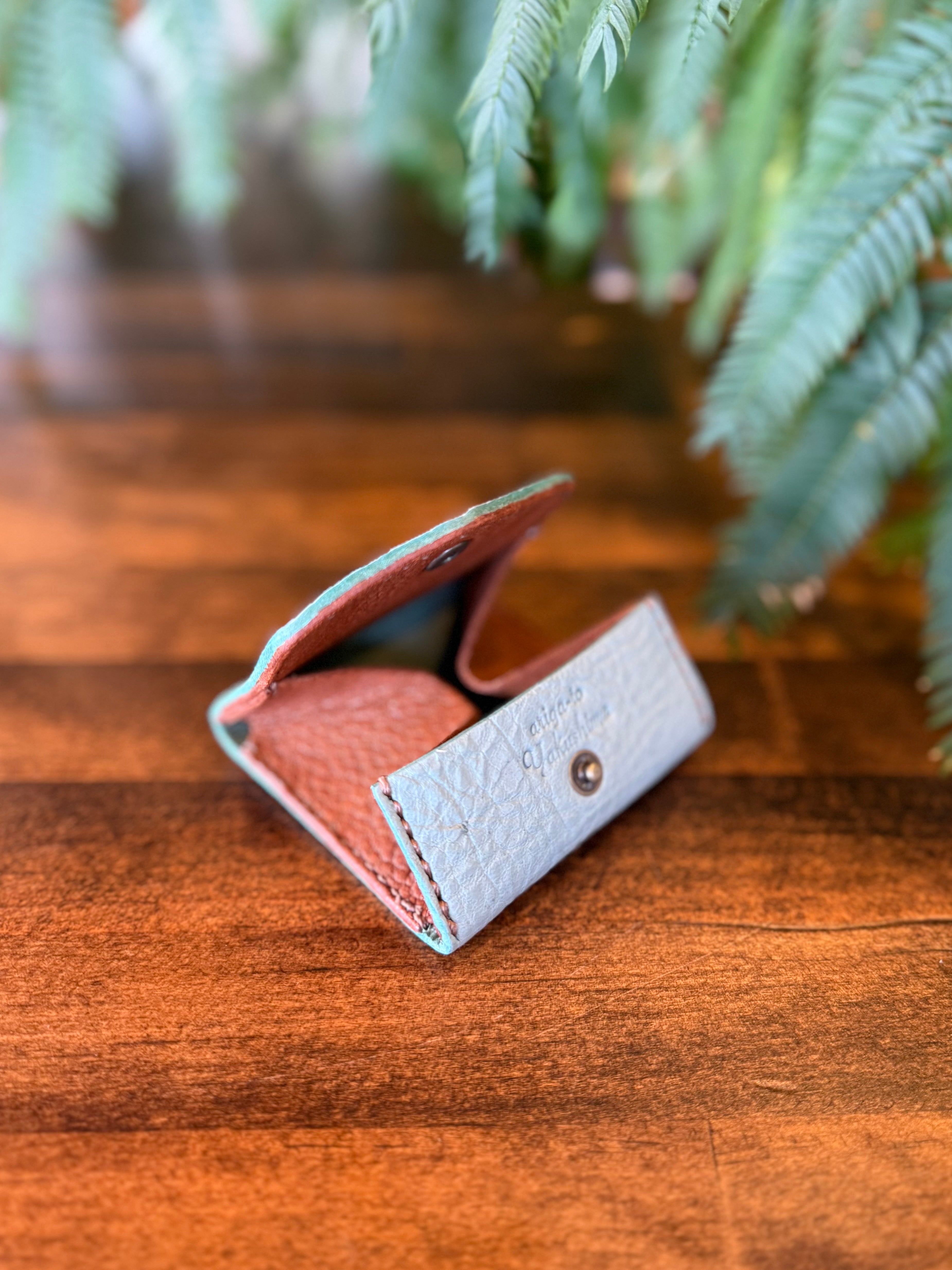 【屋久鹿革×京鹿革】BOX型コインケース(ターコイズ×ブラウン)