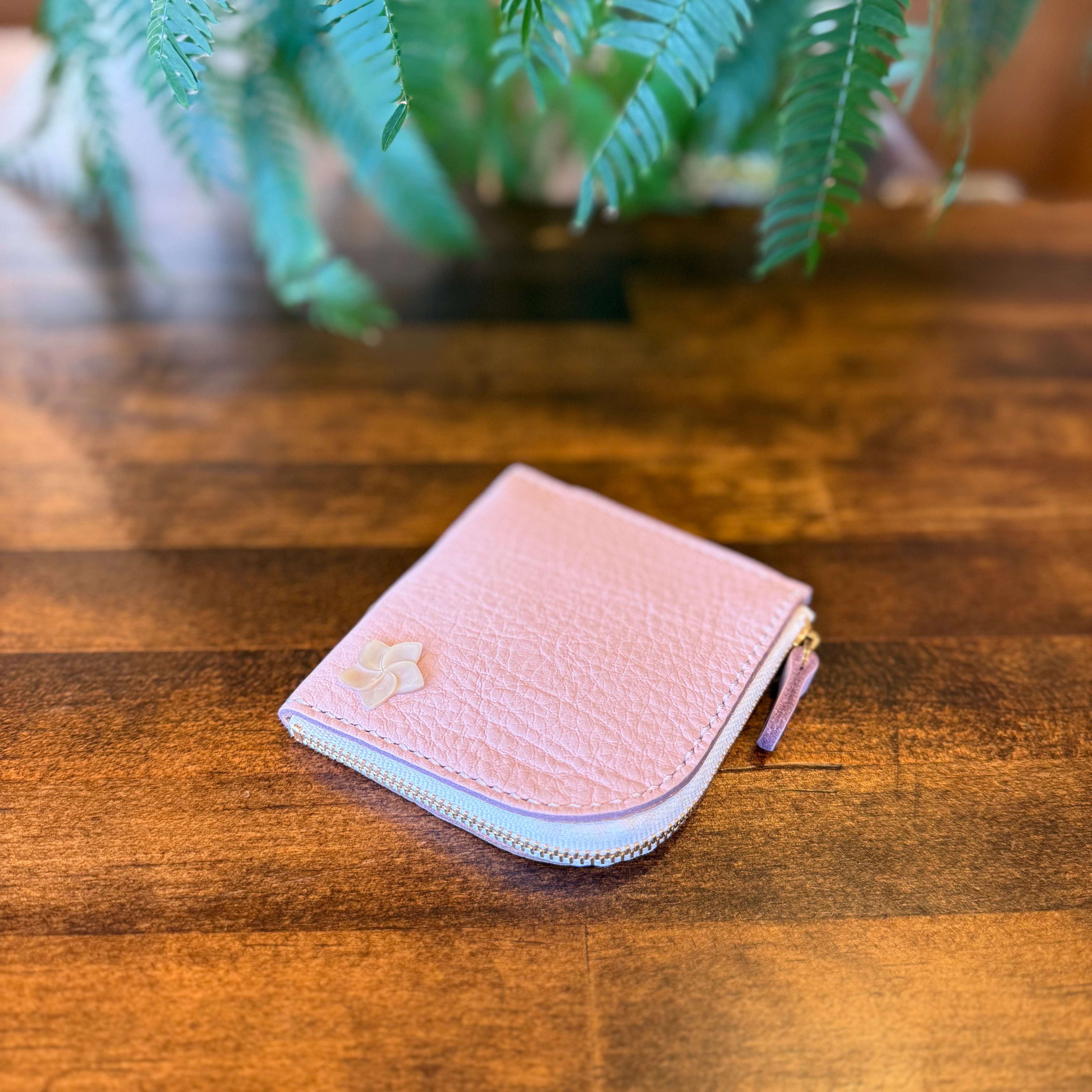 【屋久鹿革】島財布／くすみピンク×プルメリア