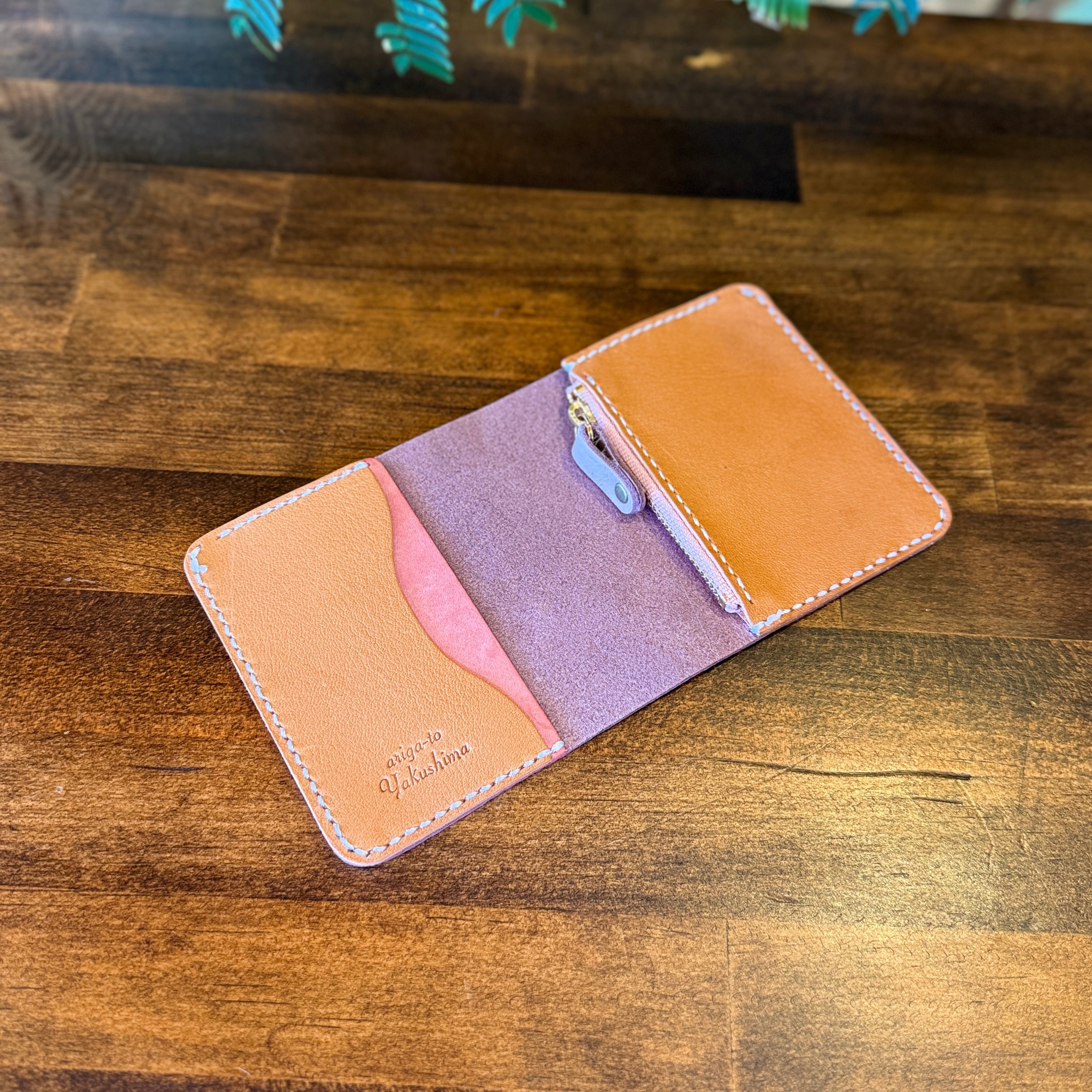 【屋久鹿革】家計管理Wallet／くすみピンク×ライトキャメル