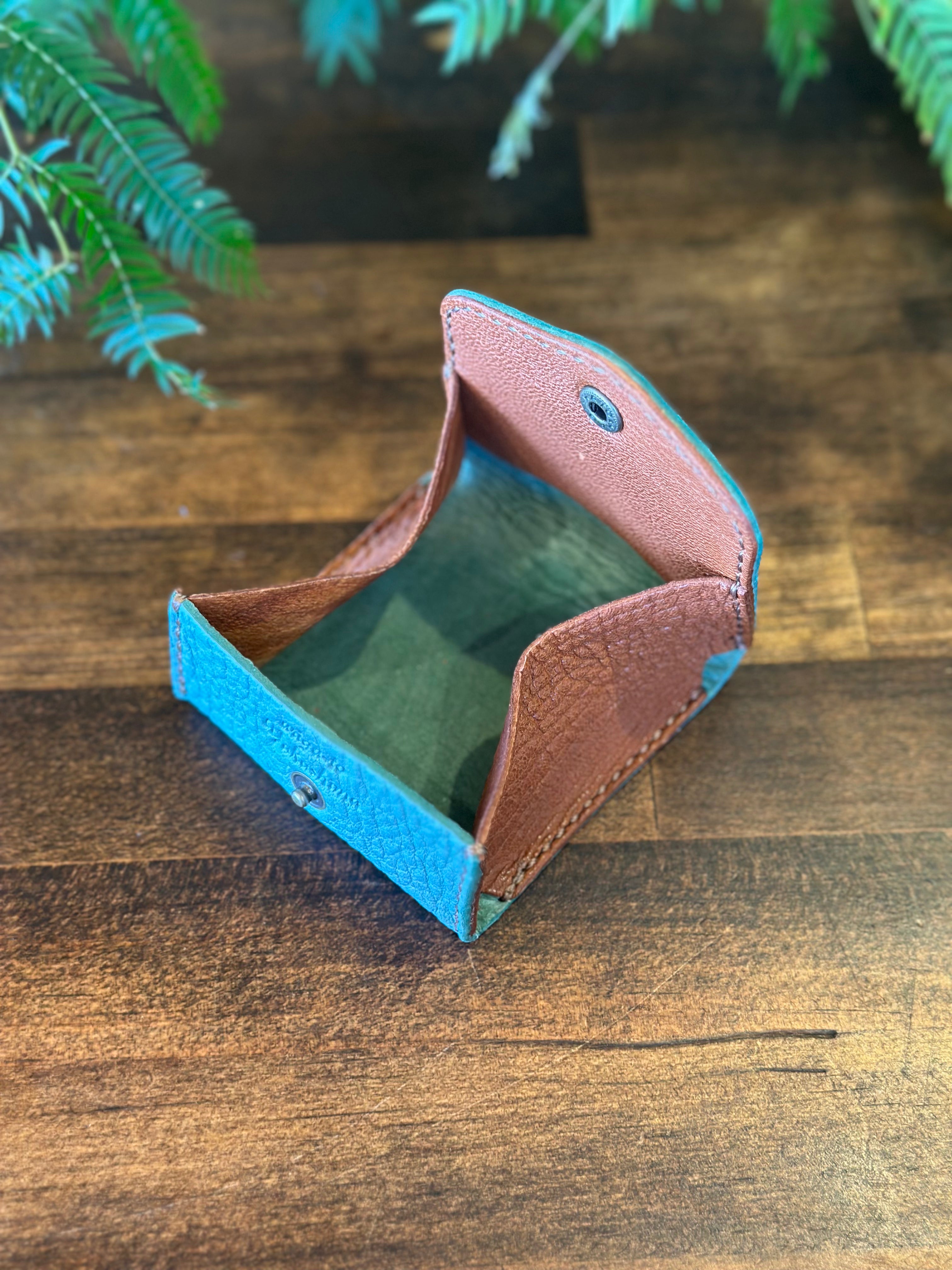 【屋久鹿革×京鹿革】BOX型コインケース(ターコイズ×ブラウン)