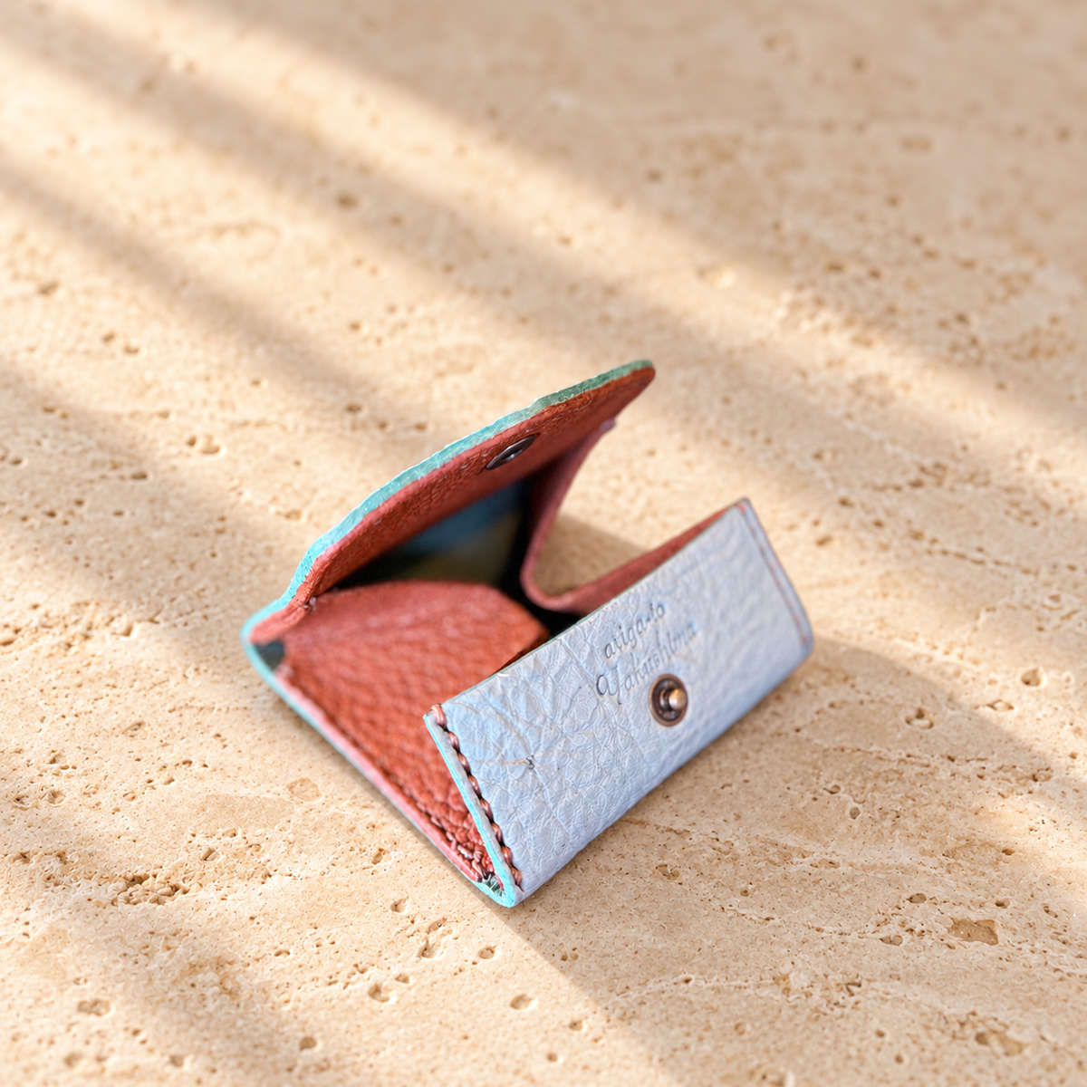 [Yakushika Deer Leather x Kyo-shikagawa Deer Leather] Box-shaped Coin Case / Turquoise x Brown