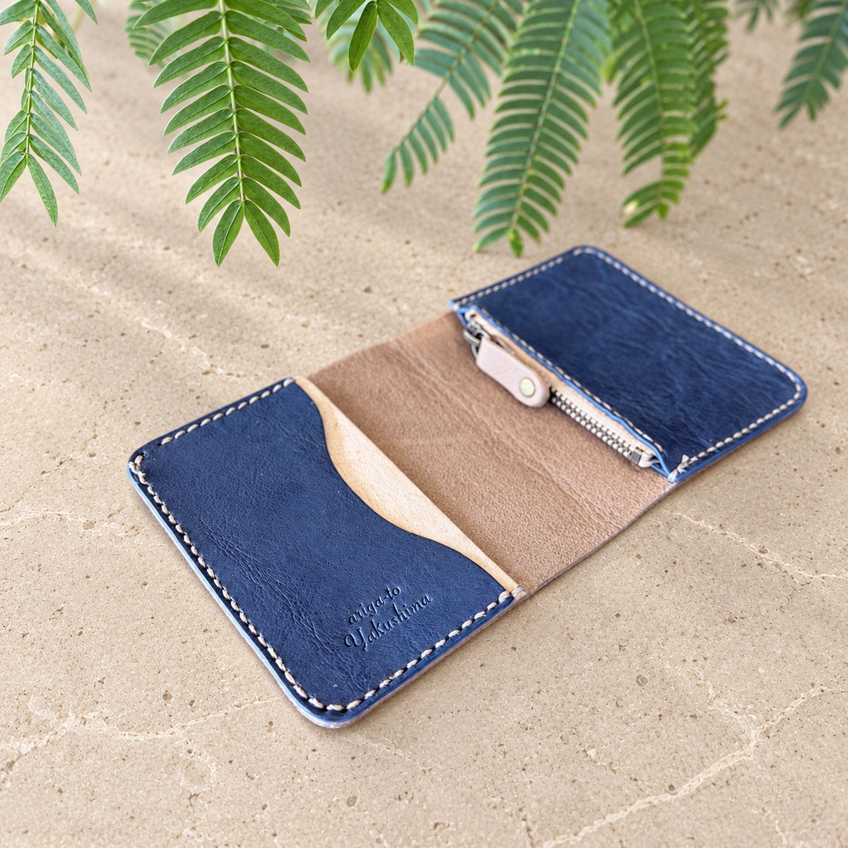 【蝦夷鹿革】家計管理Wallet／グレージュ×ネイビーブルー
