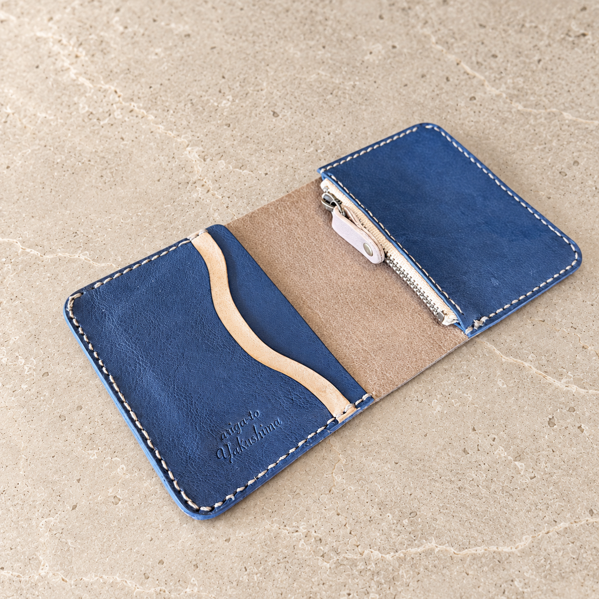 【蝦夷鹿革】家計管理Wallet／グレージュ×ネイビーブルー
