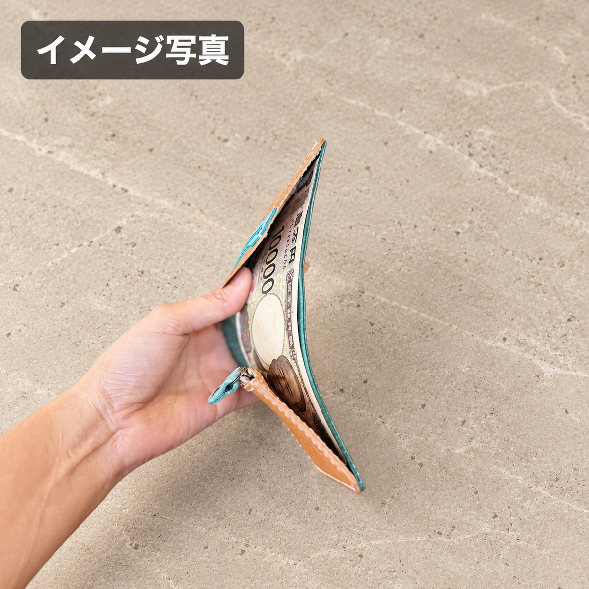 【蝦夷鹿革】家計管理Wallet／グレージュ×ネイビーブルー